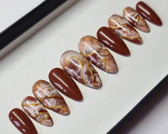 Brown and Gold Marble Press on Nails | Fake Nails | False Nails | hand painted | Glue on nails  | Luxury Nails | Sets of 10 and 20 nails