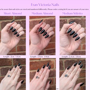 The image is a collage of six images showing different nail styles, including short almond, medium almond, and medium stiletto nails. The images provide a visual representation of the nail styles in terms of length and size.
