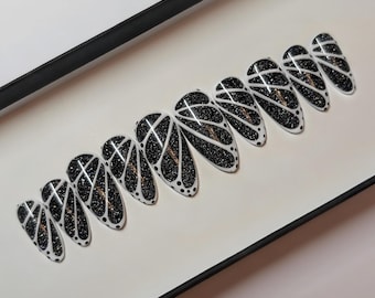Black Butterfly Press on Nails, Moth Luxury hand painted false nails