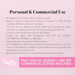 May include: A pink and white graphic with the text "Personal & Commercial Use" and bullet points detailing usage rights for digital designs. Includes information on licenses, copyright, and commercial use.