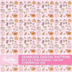 May include: A pink seamless digital pattern with hand-drawn illustrations of pumpkins, coffee cups, sweaters, gift boxes, scarves, and signs that say "Luke's". The pattern includes the text "SEAMLESS DIGITAL PATTERN 20 X 20 • PNG DESIGN • 300 DPI COMMERCIAL USE".