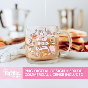 May include: A clear glass mug with a handle, filled with a creamy beverage. The mug is decorated with fall-themed illustrations, including a pumpkin, sweater, and coffee cup. The text "la la la la la baaa" is also visible. The image also includes the text "PNG DIGITAL DESIGN &bull; 300 DPI COMMERCIAL LICENSE INCLUDED".