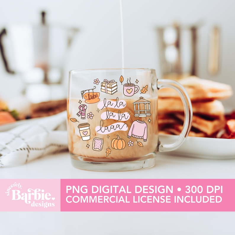 May include: A clear glass mug with a handle, filled with a creamy beverage. The mug is decorated with fall-themed illustrations, including a pumpkin, sweater, and coffee cup. The text "la la la la la baaa" is also visible. The image also includes the text "PNG DIGITAL DESIGN &bull; 300 DPI COMMERCIAL LICENSE INCLUDED".