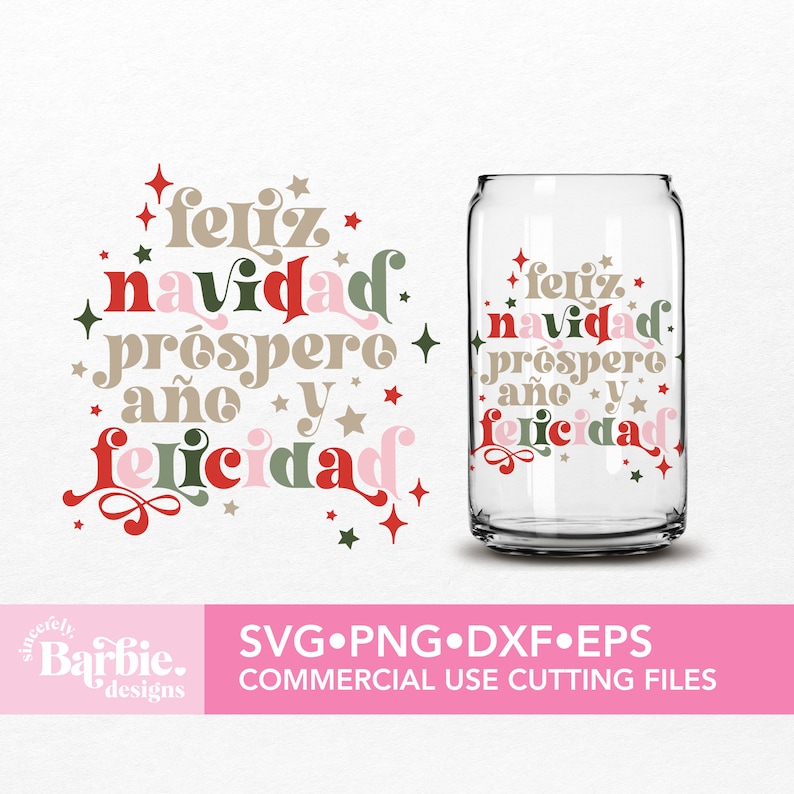 May include: A digital design file for a Christmas-themed design featuring the text "Feliz Navidad Prospero A&ntilde;o y Felicidad" in a retro style with red, green, and pink colors. The design is perfect for creating festive crafts, such as mugs, t-shirts, and home decor.