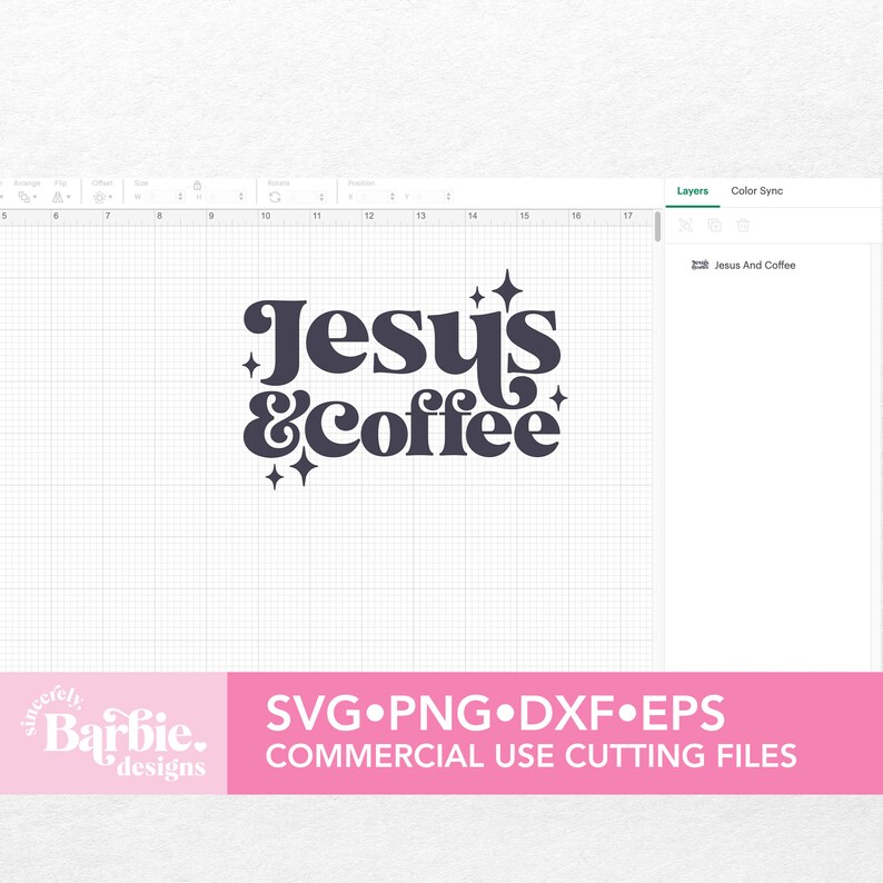 May include: A digital design file for a cutting machine featuring the text "Jesus & Coffee" in a retro font with stars. The design is in black on a white background.