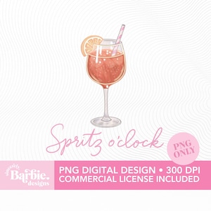 Puede incluir: Una ilustración digital de una copa de tallo largo llena de un cóctel spritz rosa, decorada con una rodaja de naranja y una pajita a rayas rosas y blancas. El texto dice Spritz o'clock, PNG ONLY y Sincerely Barbie designs.