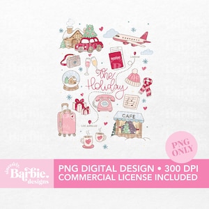 May include: A digital design featuring holiday-themed illustrations. Includes a red car with a Christmas tree, a passport, a suitcase, a snow globe, a cafe, and the text "The Holiday". The design also includes the text "PNG DIGITAL DESIGN • 300 DPI COMMERCIAL LICENSE INCLUDED".