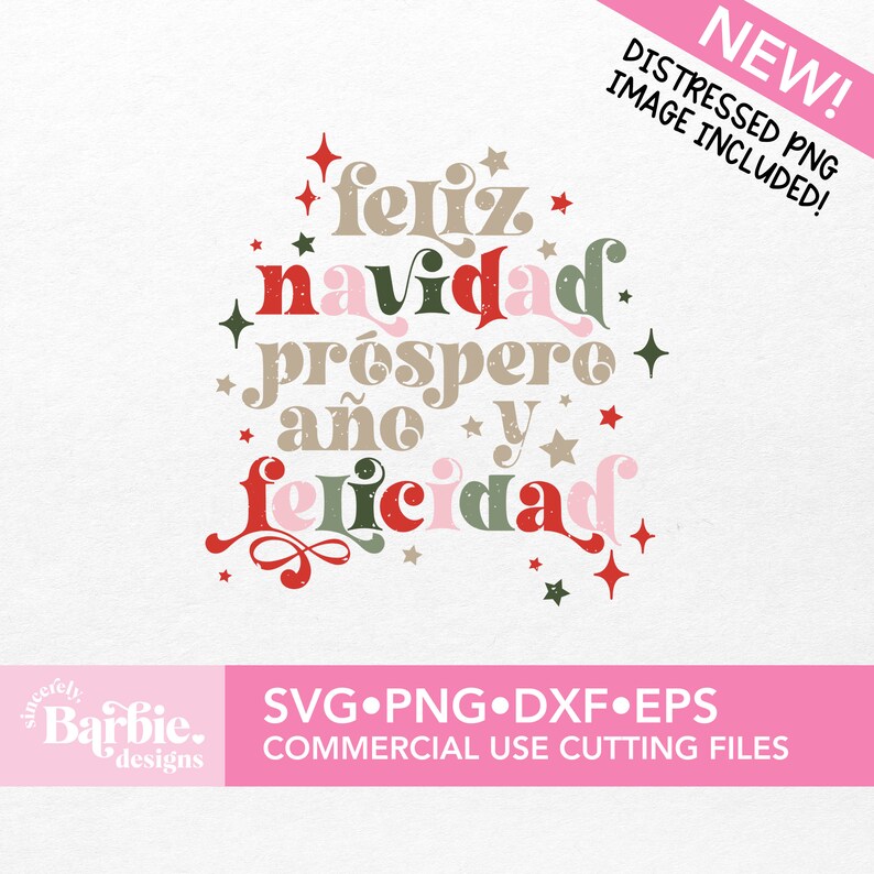 May include: A digital design featuring the text "feliz navidad prospero a&ntilde;o y felicidad" in a festive font with red, green, and gold accents. The text is surrounded by small stars.