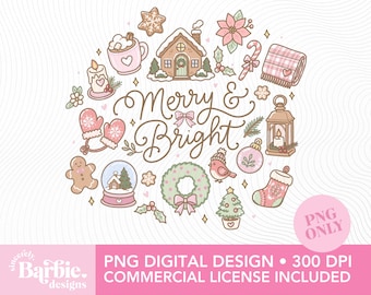 Merry and Bright PNG Clipart: Pink Cottage Christmas Design (Commercial Use)