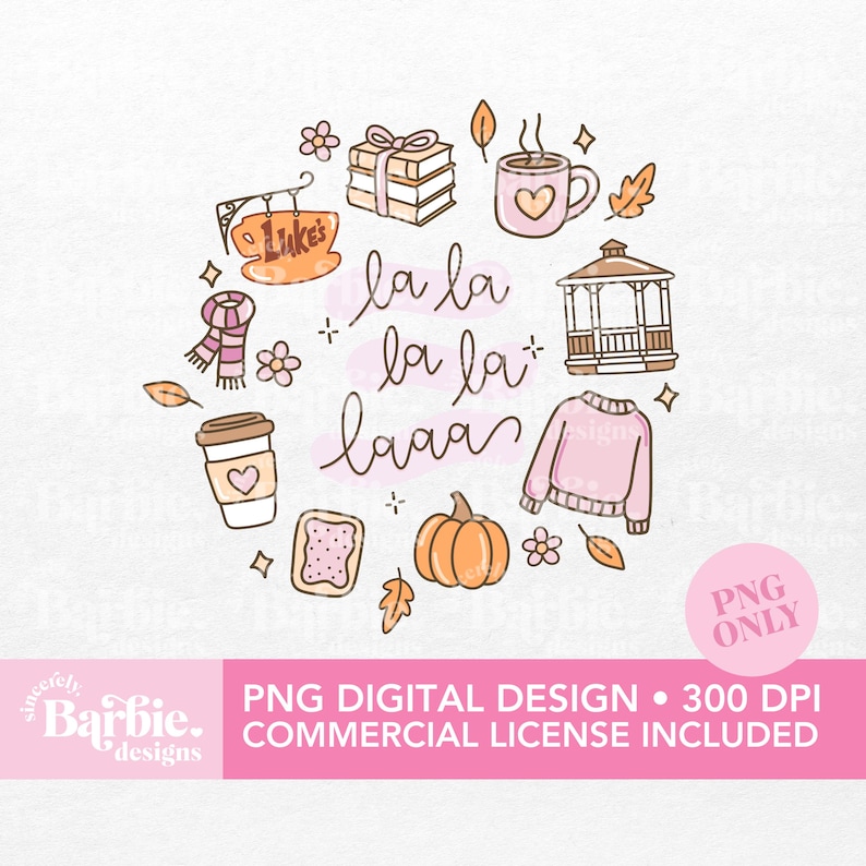 May include: A whimsical digital design featuring a circular arrangement of fall-themed illustrations. Includes a coffee cup, pumpkin, sweater, scarf, gift box, and the text "la la laaa". The design is in soft pastel colors with a pink banner at the bottom.