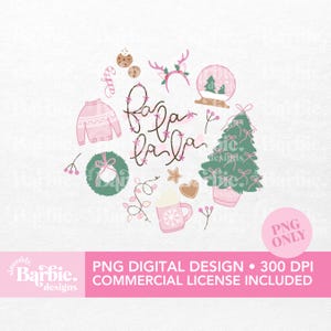 Può includere: Un design digitale con illustrazioni natalizie in rosa e verde. Include un maglione, una ghirlanda, un albero, una palla di neve e la frase "Fa la la la". Il design include anche biscotti, una tazza e una fascia per capelli con corna di renna.