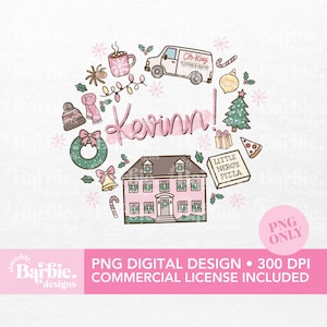 May include: A digital design featuring a pink house, Christmas tree, pizza, and a van with the text "Oh-Kay Plumbing & Heating". The word "Kevin!" is in pink script, surrounded by holiday-themed illustrations. The design includes the text "PNG DIGITAL DESIGN • 300 DPI COMMERCIAL LICENSE INCLUDED".