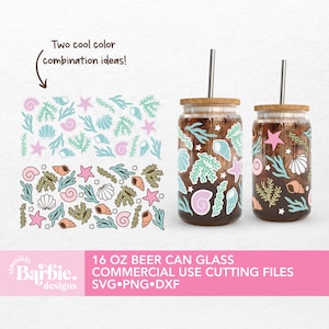 Fichier de coupe de coquillages en verre de 16 oz, svg sous la mer pour boîte de conserve en verre de 16 oz, svg Summer Vibes, téléchargement numérique, svg de la vie marine