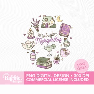 May include: A digital illustration featuring the text Midnight Margaritas surrounded by icons including a house, crescent moon, Book of Shadows, potion bottle, mug, potted plant, stack of books, lavender, candle, teapot, and a margarita glass.