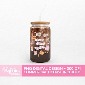 May include: A glass tumbler with a wooden lid and a clear straw, filled with a dark beverage. The glass is decorated with fall-themed illustrations and the text "la la la craa". The bottom of the image has text that reads "PNG DIGITAL DESIGN &bull; 300 DPI COMMERCIAL LICENSE INCLUDED".