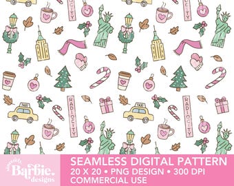 NYC Christmas Seamless Pattern – Pastel Holiday PNG (Digital Download)