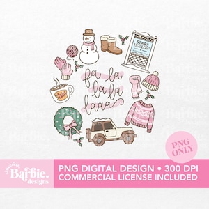 Puede incluir: Un diseño digital con ilustraciones de invierno, que incluyen un muñeco de nieve, mitones, una corona, un jeep y un suéter. El diseño incluye el texto "fa la la la laaa" y "Stars Hollow". El diseño es en rosa, marrón y verde.