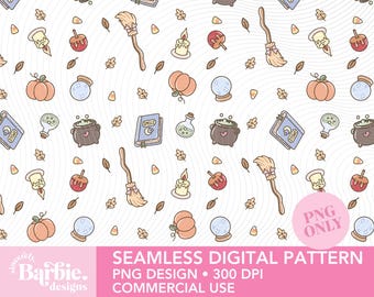 Witchy Halloween Seamless Pattern, Hand-Drawn Fall Doodles (PNG Only)