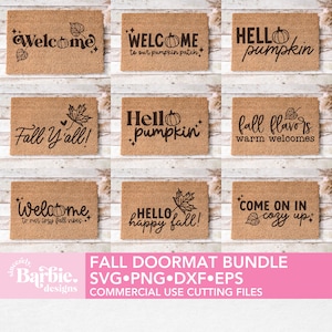 May include: A set of nine digital doormat designs featuring fall-themed text and graphics. The designs include "Welcome to our pumpkin patch", "Hello pumpkin", "Fall Y'all", "Welcome to our cozy fall vibes", "Hello happy fall", "Fall flavors warm welcomes", and "Come on in cozy up".