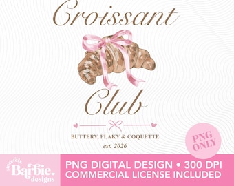 Croissant Club PNG, Coquette Bow Bakery Sublimation Design