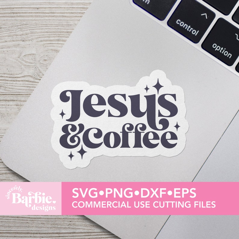 May include: A digital download of a design for a cutting file featuring the text "Jesus & Coffee" in a retro font with sparkling stars. The design is in purple and is suitable for commercial use.