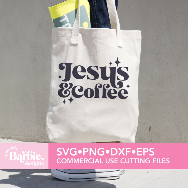 May include: A white canvas tote bag with the text "Jesus & Coffee" in a retro font with sparkling stars. The bag is being held by a person wearing blue jeans.