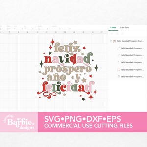 May include: A digital design file for a Christmas greeting in Spanish. The text reads "Feliz Navidad Prospero A&ntilde;o y Felicidad" which translates to "Merry Christmas, Prosperous Year and Happiness". The text is in a retro style with a variety of colors including red, green, pink, and brown.