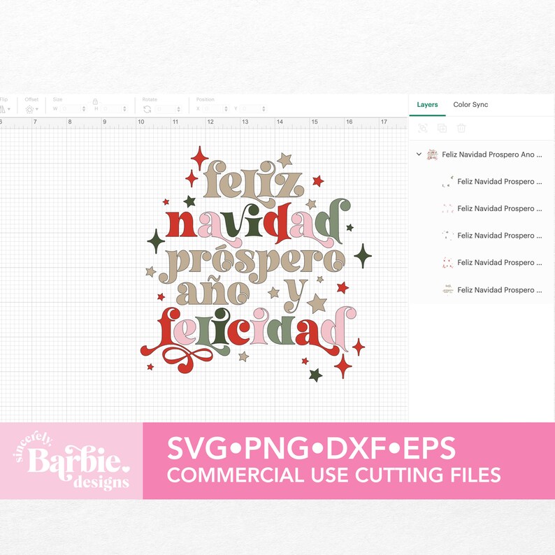 May include: A digital design file for a Christmas greeting in Spanish. The text reads "Feliz Navidad Prospero A&ntilde;o y Felicidad" which translates to "Merry Christmas, Prosperous Year and Happiness". The text is in a retro style with a variety of colors including red, green, pink, and brown.