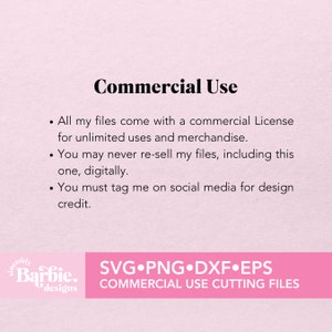 May include: Pink background with white text outlining commercial use licensing information for digital files. The text reads: "Commercial Use. All my files come with a commercial License for unlimited uses and merchandise. You may never re-sell my files, including this one, digitally. You must tag me on social media for design credit."