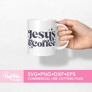 May include: White ceramic mug with the text "Jesus & coffee" in a retro font. The text is in dark blue with small white stars around it.
