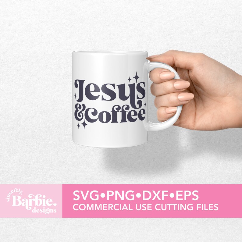 May include: White ceramic mug with the text "Jesus & coffee" in a retro font. The text is in dark blue with small white stars around it.