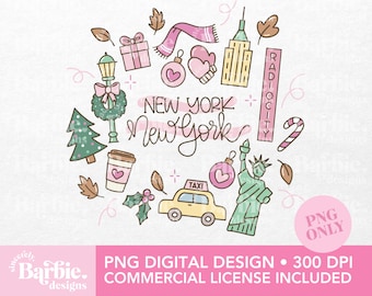 New York Christmas PNG – Pastel NYC Holiday Digital Design for Mugs, Shirts, Stickers & Crafts