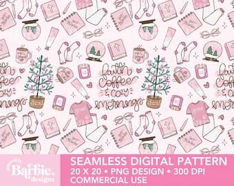 Pink Christian Coffee & Faith Seamless Pattern (300 DPI PNG)