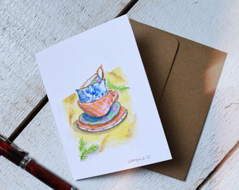 Handpainted Teacup Notecards-Tea Themed Stationary-Cute Stationary-Blank Notecards-Teaparty Invitations-Greeting Cards-Notecard Set