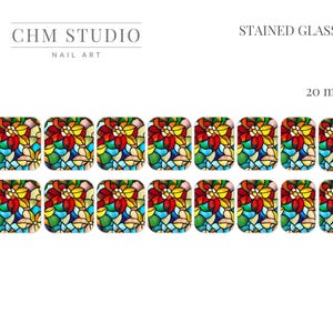 May include: Set of 10 stained glass nail art decals in a colorful floral design. The decals are 20 mm in size and are perfect for adding a touch of elegance to your nails.
