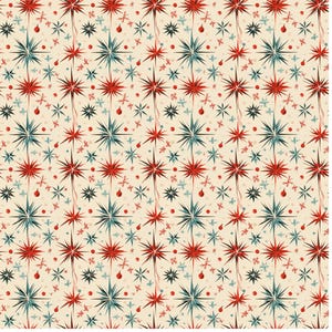 Puede incluir: Un patrón repetido de estrellas estilizadas en rojo, verde azulado y azul oscuro sobre un fondo crema. El diseño incluye pequeños adornos rojos y copos de nieve, creando un tema festivo y vintage de vacaciones.