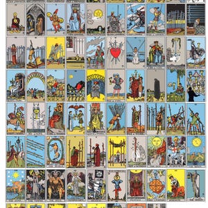 May include: A complete deck of tarot cards, featuring colorful illustrations with various figures, symbols, and scenes. Each card has a unique design, with titles and numbers. The cards are arranged in rows and columns, showcasing the full set.