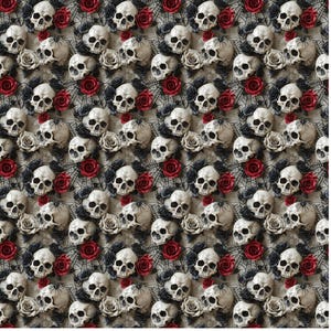 May include: A repeating pattern featuring skulls, black roses, and red roses on a textured background. The skulls are white, and the roses are a mix of black and red. The design has a gothic or Halloween theme.