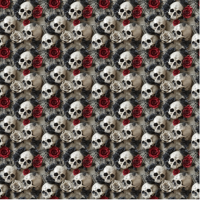 May include: A repeating pattern featuring skulls, black roses, and red roses on a textured background. The skulls are white, and the roses are a mix of black and red. The design has a gothic or Halloween theme.