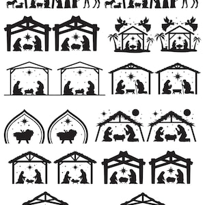 May include: A collection of black silhouette images depicting Nativity scenes. Various designs include the Holy Family, animals, angels, and stars, all set within stable structures. The images are suitable for Christmas-themed crafts and decorations.