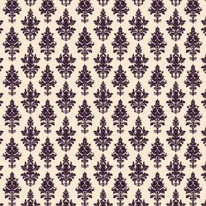 Könnte beinhalten: Ein sich wiederholendes Muster aus dunkelvioletten floralen Damastmotiven auf cremefarbenem Hintergrund. Die symmetrische Anordnung der stilisierten Blumen erzeugt einen klassischen, eleganten Look, der sich für Tapeten oder Stoffe eignet.