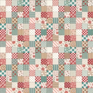 Peut inclure: Un motif de patchwork avec une grille de carrés. Chaque carré présente un motif unique, comprenant des imprimés floraux, des rayures, du vichy et des couleurs unies dans des tons de rouge, sarcelle, beige et marron.
