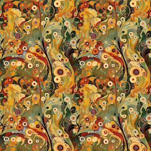 Può includere: Un motivo astratto colorato con vortici, cerchi e motivi floreali in tonalità di verde, giallo, arancione, rosso e marrone.