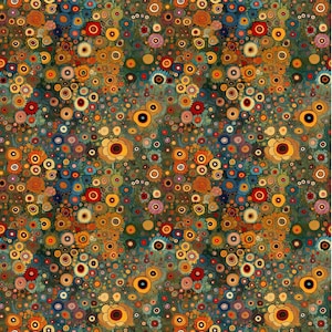 May include: A seamless pattern featuring a variety of colorful circles and dots arranged in a floral design. The background is a dark green color, and the circles are in shades of yellow, orange, red, blue, and purple.
