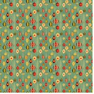 Puede incluir: Un patrón repetido de adornos navideños vintage en rojo, blanco y dorado sobre un fondo turquesa. Los adornos tienen varias formas y diseños, algunos parecidos a gotas y otros más esféricos. El tema general es festivo y retro.