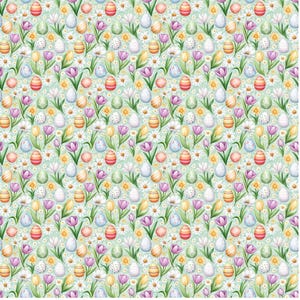 Pode incluir: Um padrão sem costura com ovos de Páscoa em tons pastel, margaridas amarelas e brancas e tulipas roxas sobre um fundo verde claro.