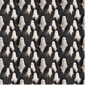 May include: A repeating pattern of white ghost figures on a dark, textured background. The ghosts vary in size and have simple, oval eyes. The overall design has a spooky, Halloween theme.