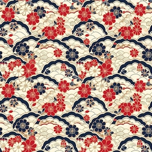 May include: A seamless pattern featuring red and blue flowers on a cream background. The flowers are arranged in a repeating pattern, with the red flowers being larger than the blue flowers. The background is decorated with a repeating pattern of gold and blue waves.