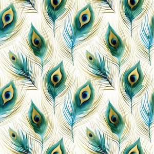 Könnte beinhalten: Ein nahtloses Muster mit Aquarell-Pfauenfedern in den Farben Türkis, Blau und Gold. Die Federn sind in einem sich wiederholenden Muster auf weißem Hintergrund angeordnet.