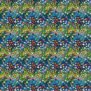 May include: A vibrant floral pattern with a blue background. The pattern features a variety of colorful flowers, including red, orange, yellow, pink, and white. The flowers are arranged in a random pattern, creating a busy and cheerful design.